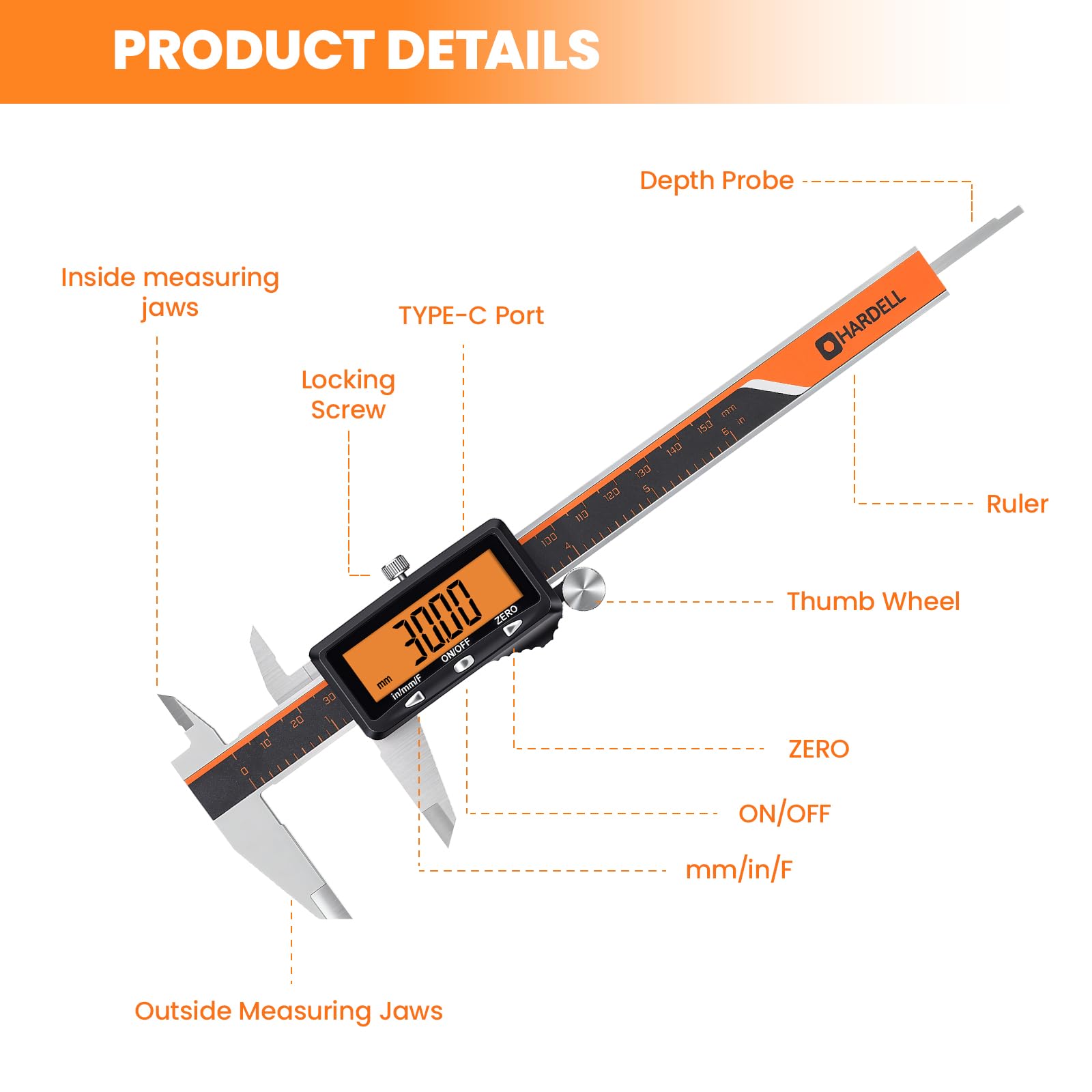 Rechargeable Digital Caliper Measuring Tool with Large Orange Display