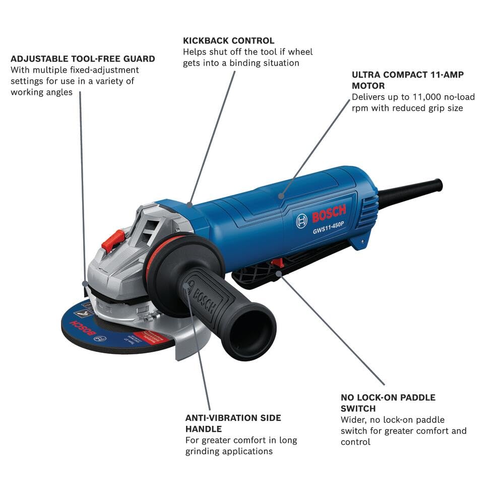 11 Amp 4 Inch Ergonomic Angle Grinder with Kickback Control