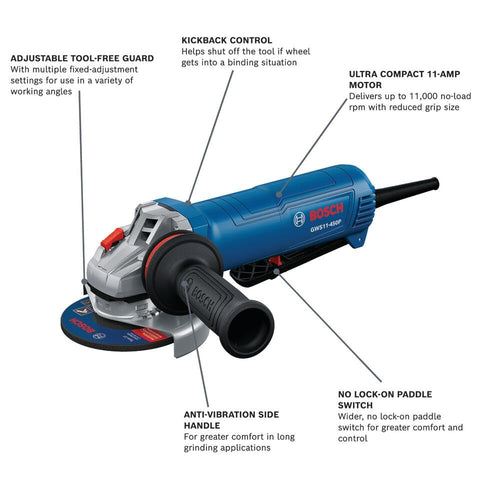 11 Amp 4 Inch Ergonomic Angle Grinder with Kickback Control