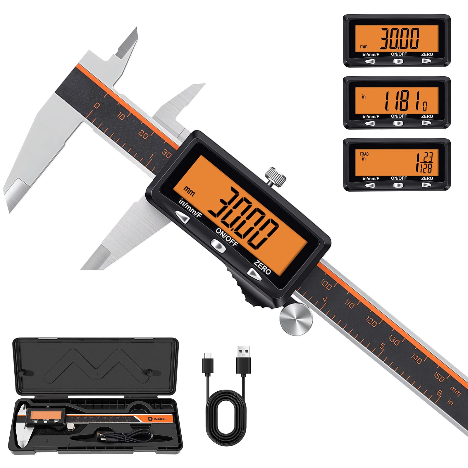 Rechargeable Digital Caliper Measuring Tool with Large Orange Display