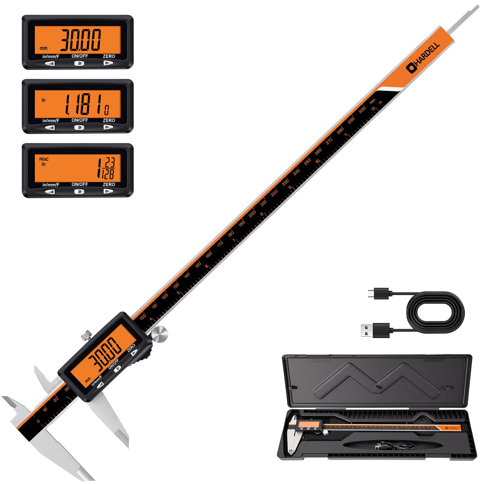 Rechargeable Digital Caliper Measuring Tool with Large Orange Display