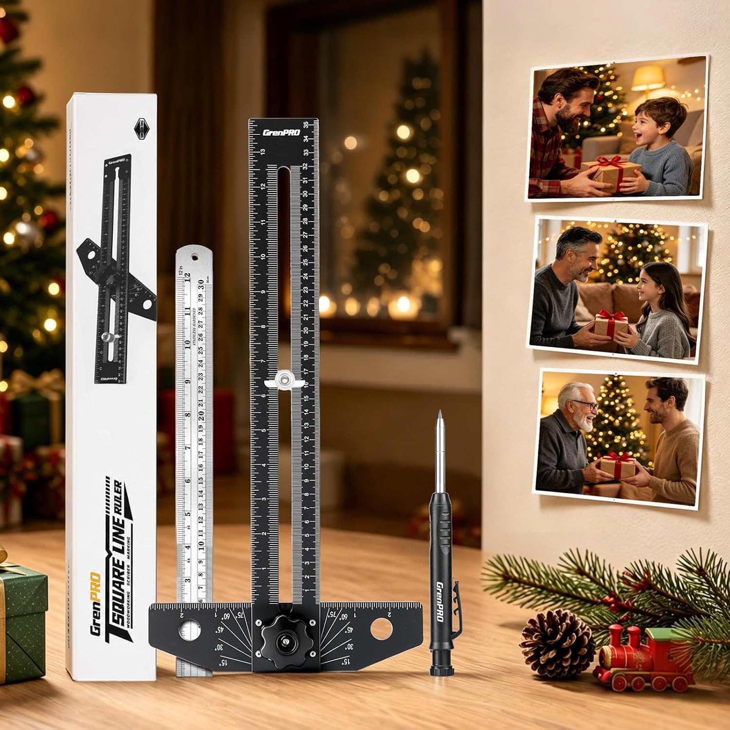 Woodworking Scriber Marking Ruler with Carpenter Pencil and Metal Scale