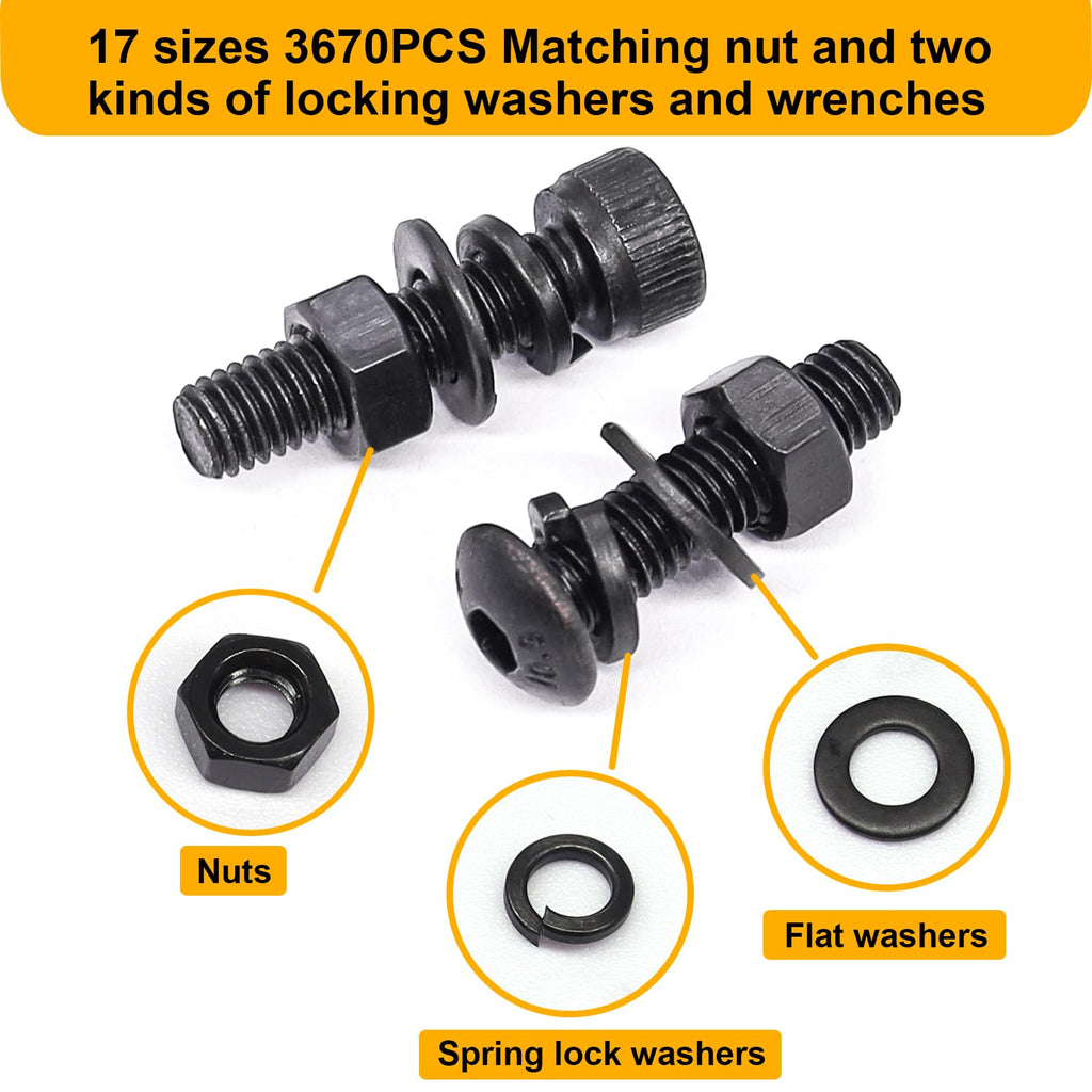 Metric Hex Socket Screw Nut and Washer Assortment Kit with Allen Wrench