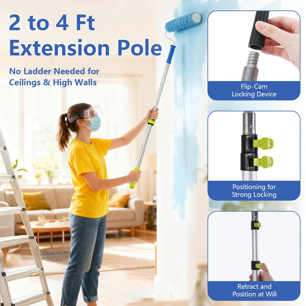 Paint Roller Kit with 2 to 4 Foot Extension Pole and Accessories