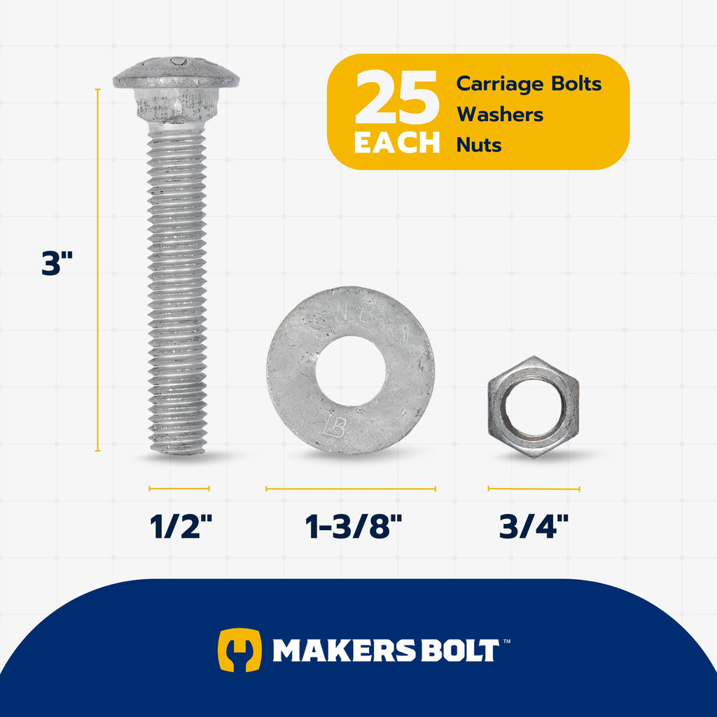 25 Pack Half Inch Galvanized Carriage Bolt Kit