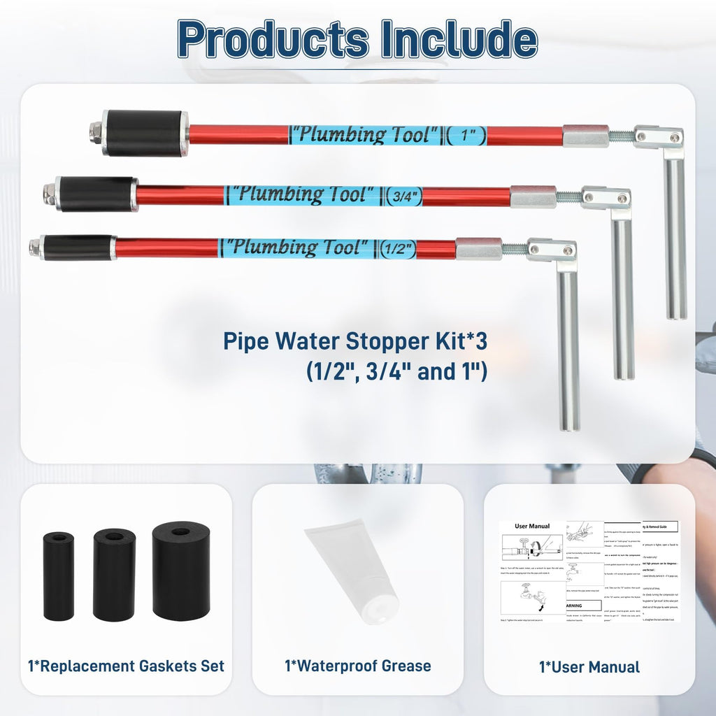 Plumbing Pipe Plug Tool Kit for Half Three Quarter and One Inch Pipes