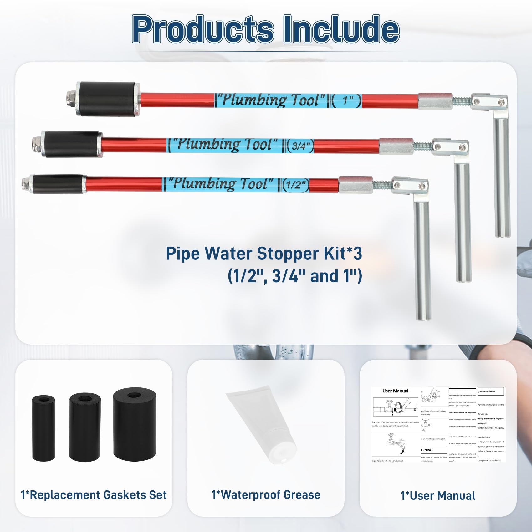 Plumbing Pipe Plug Tool Kit for Half Three Quarter and One Inch Pipes