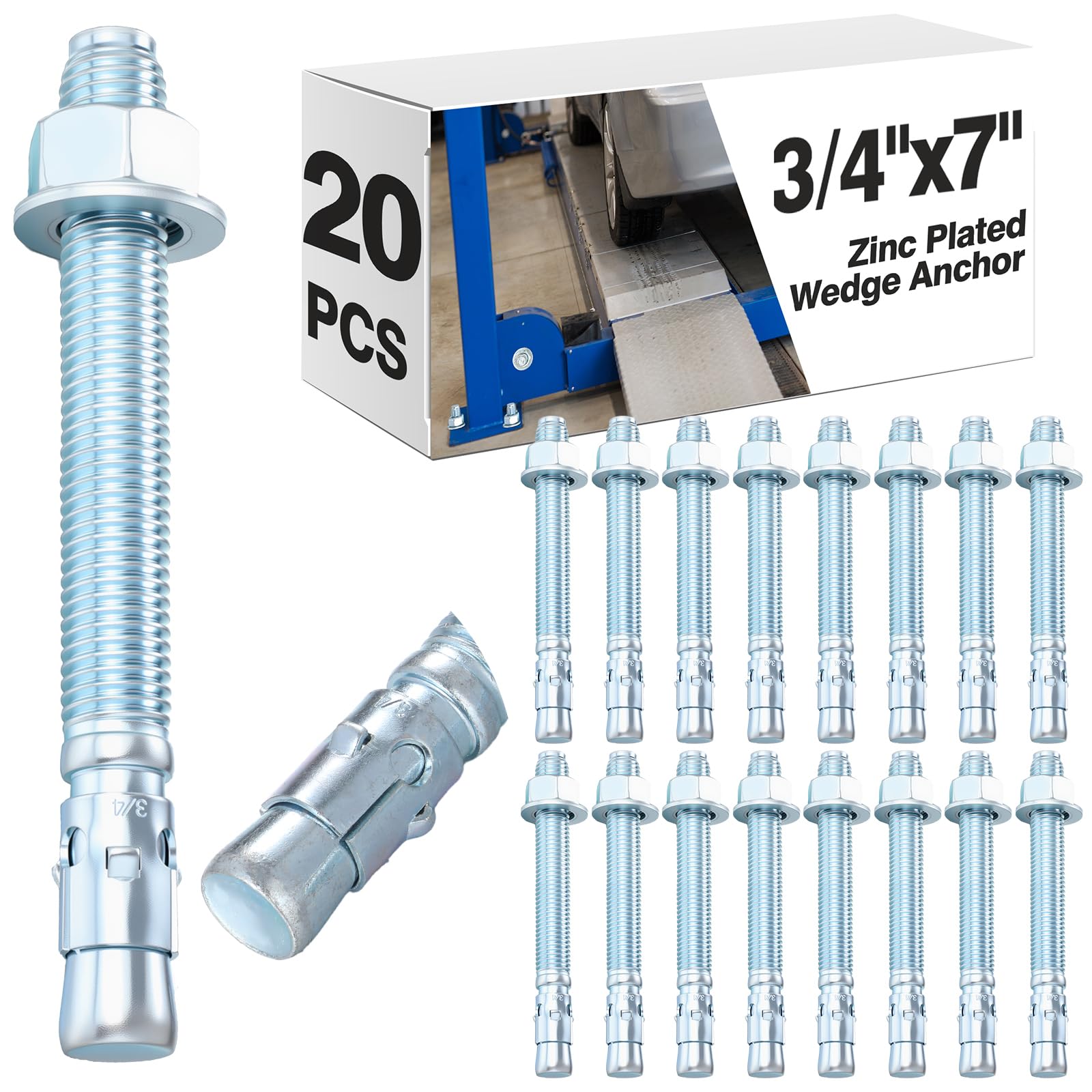 Three Quarter Inch by 7 Inch Zinc Plated Concrete Wedge Anchor Set