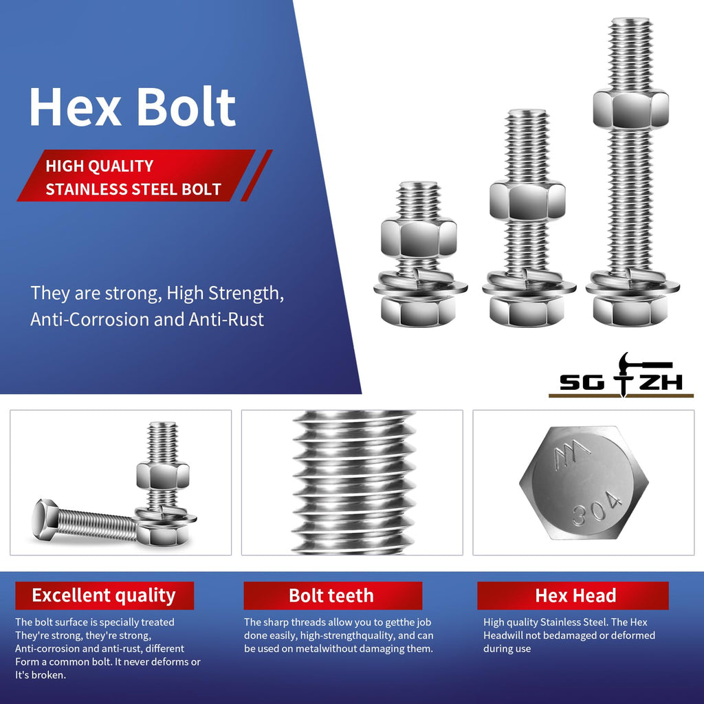304 Stainless Steel Black Oxide Hex Bolt Nut and Washer Assortment