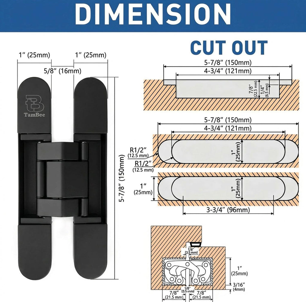 6 Inch 7 Inch Concealed Door Hinges Zinc Alloy 180 Degree Adjustable