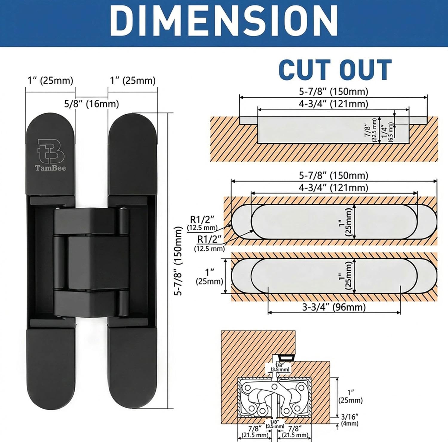 6 Inch 7 Inch Concealed Door Hinges Zinc Alloy 180 Degree Adjustable