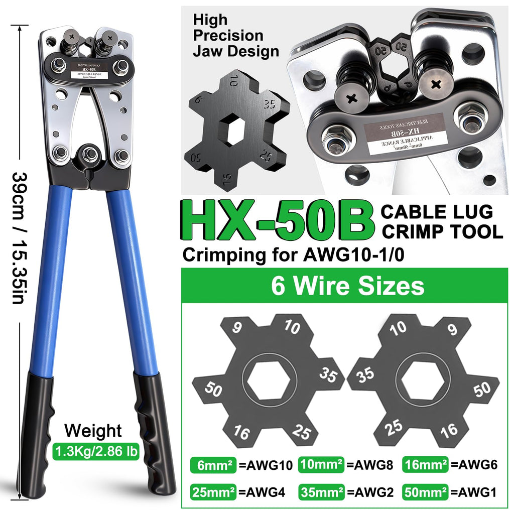 Battery Cable Lug Crimping Tool Kit with 230 Copper Lugs