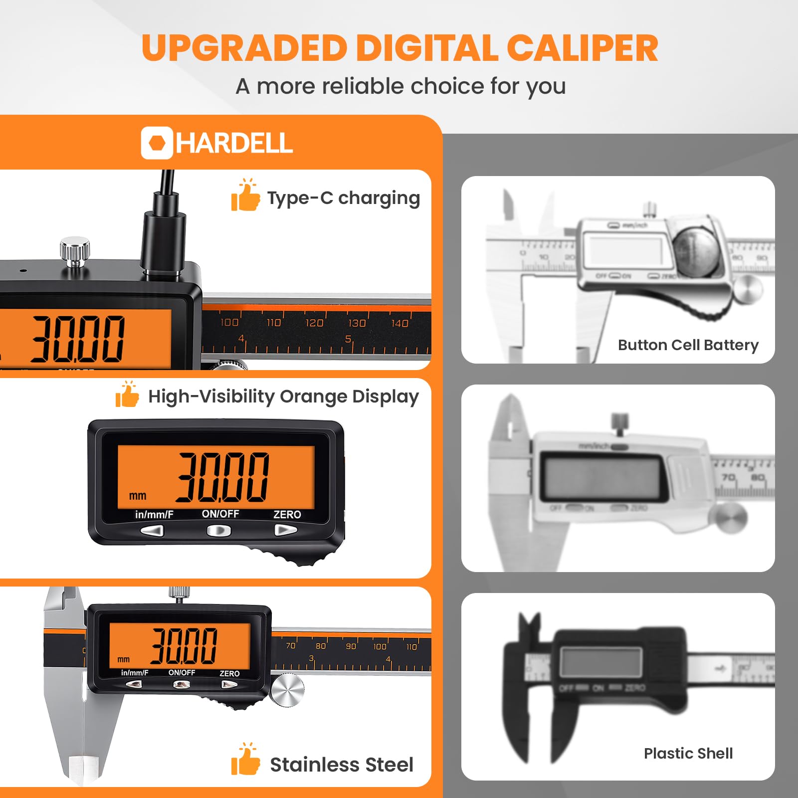 Rechargeable Digital Caliper Measuring Tool with Large Orange Display