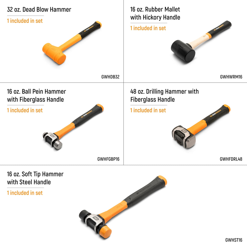 5 Piece Mixed Hammer Set with Foam Storage Tray
