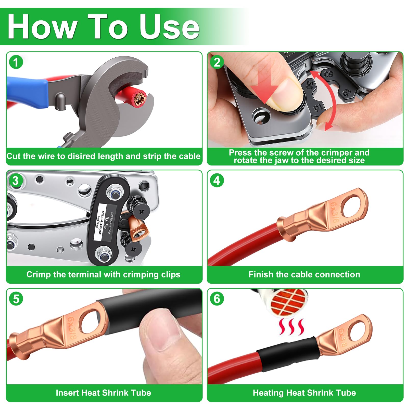 Battery Cable Lug Crimping Tool Kit with 230 Copper Lugs