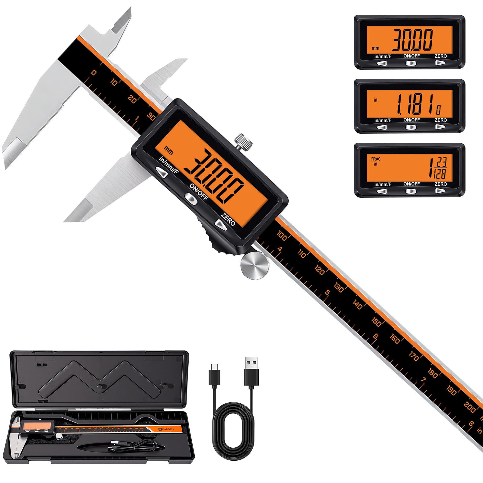 Rechargeable Digital Caliper Measuring Tool with Large Orange Display