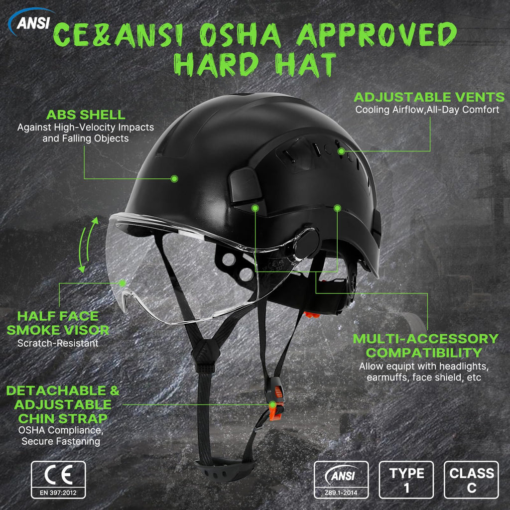 ANSI Z89 1 Construction Hard Hat with Visor and Chin Strap