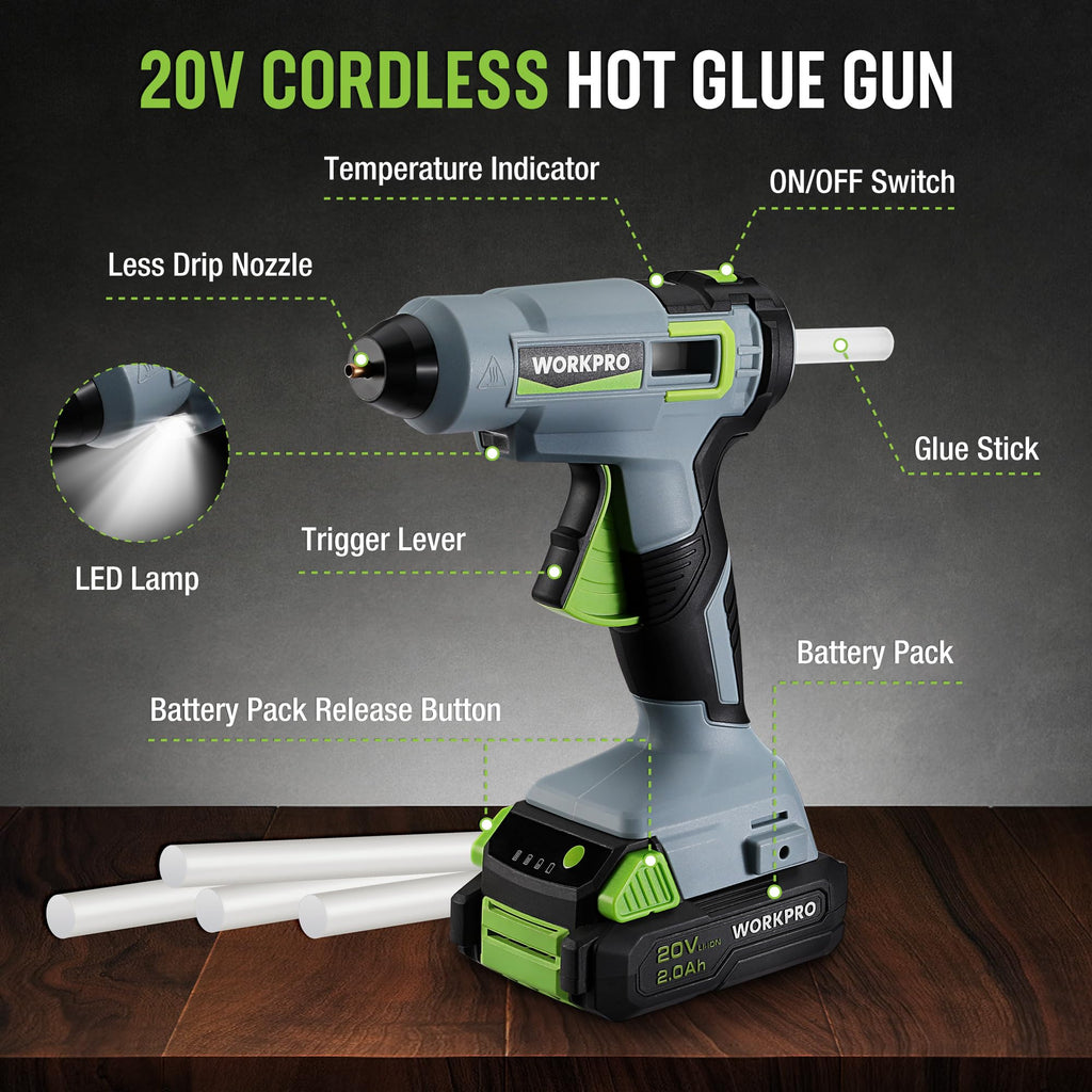 20V Cordless Hot Melt Glue Gun Kit with 12 Full Size Glue Sticks