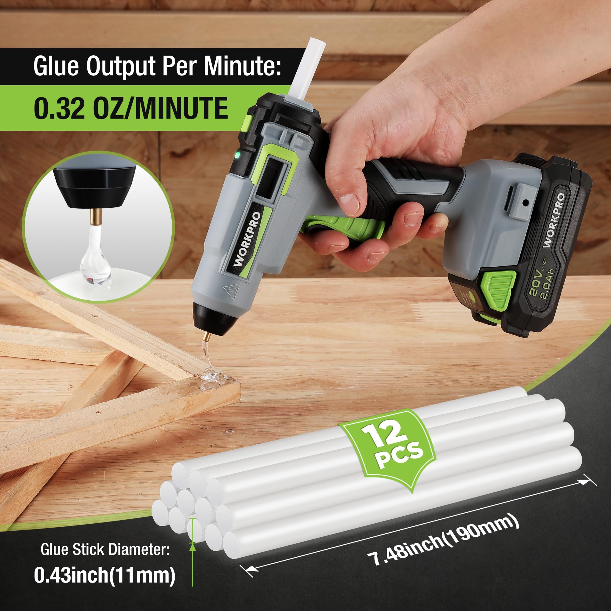 20V Cordless Hot Melt Glue Gun Kit with 12 Full Size Glue Sticks