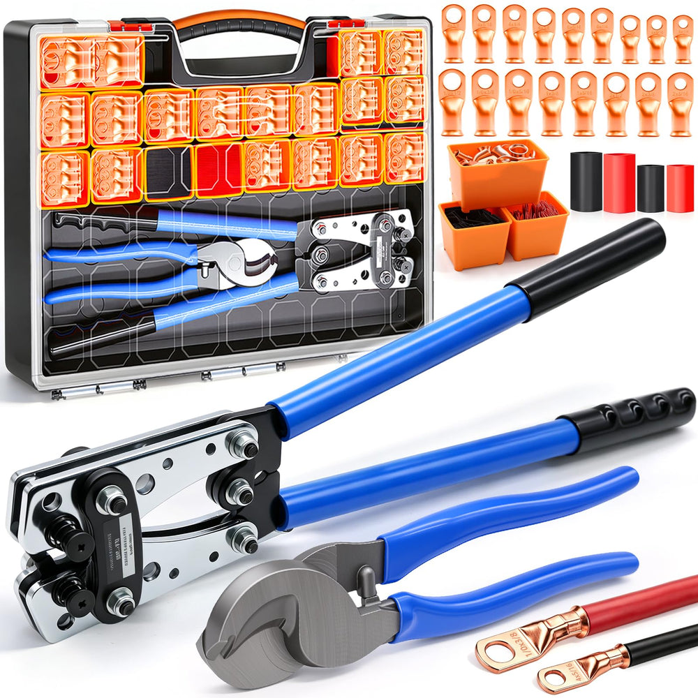 Battery Cable Lug Crimping Tool Kit with 230 Copper Lugs