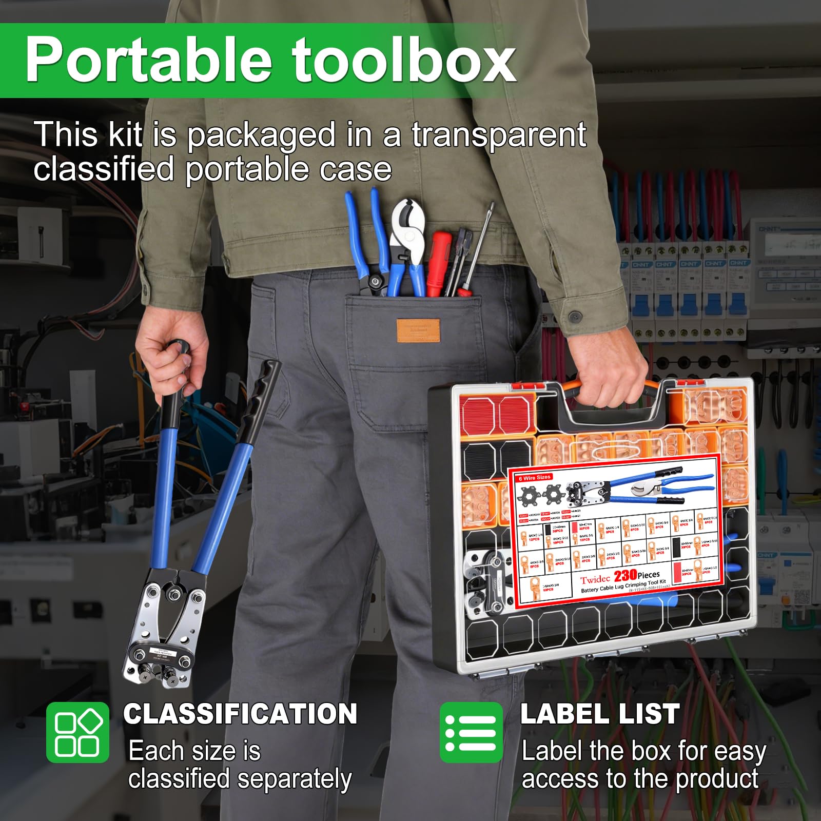 Battery Cable Lug Crimping Tool Kit with 230 Copper Lugs
