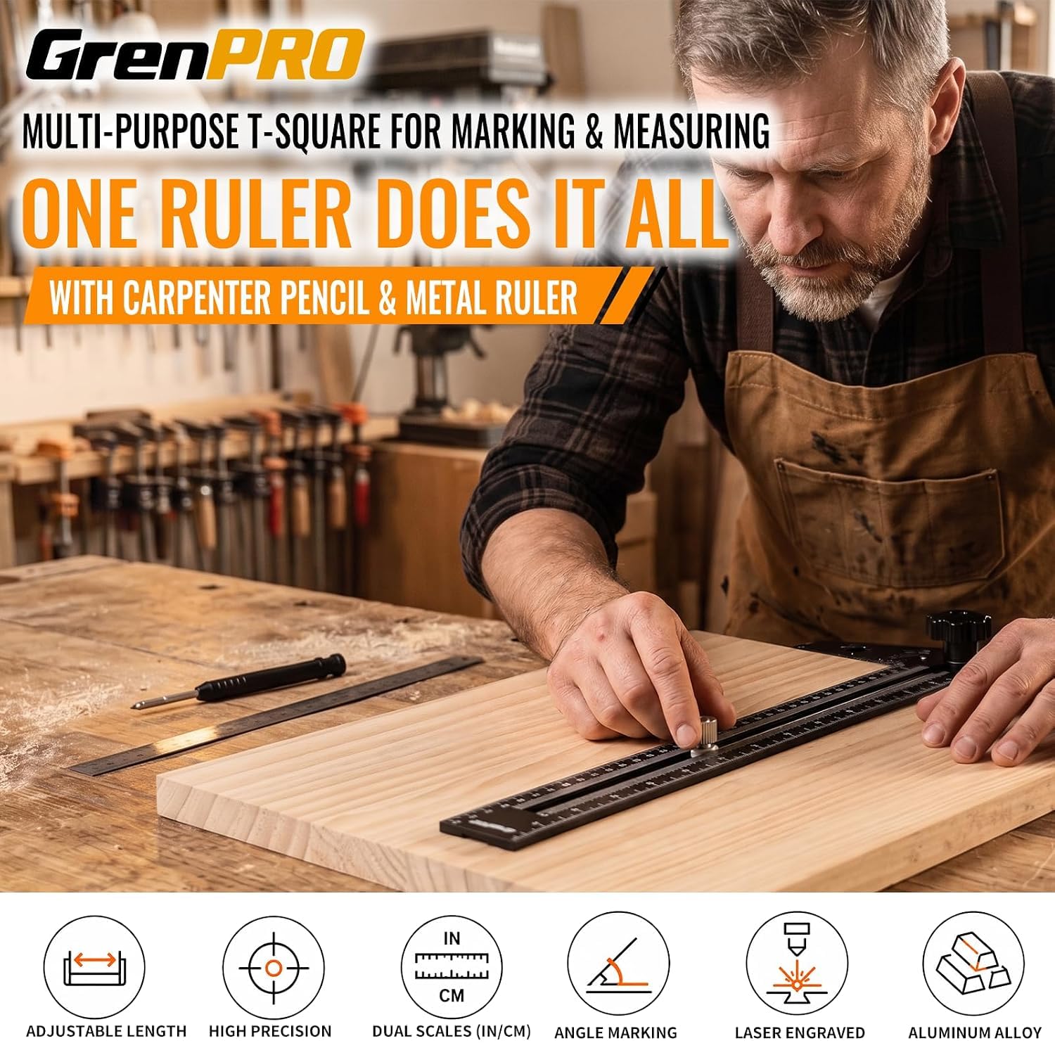 Woodworking Scriber Marking Ruler with Carpenter Pencil and Metal Scale