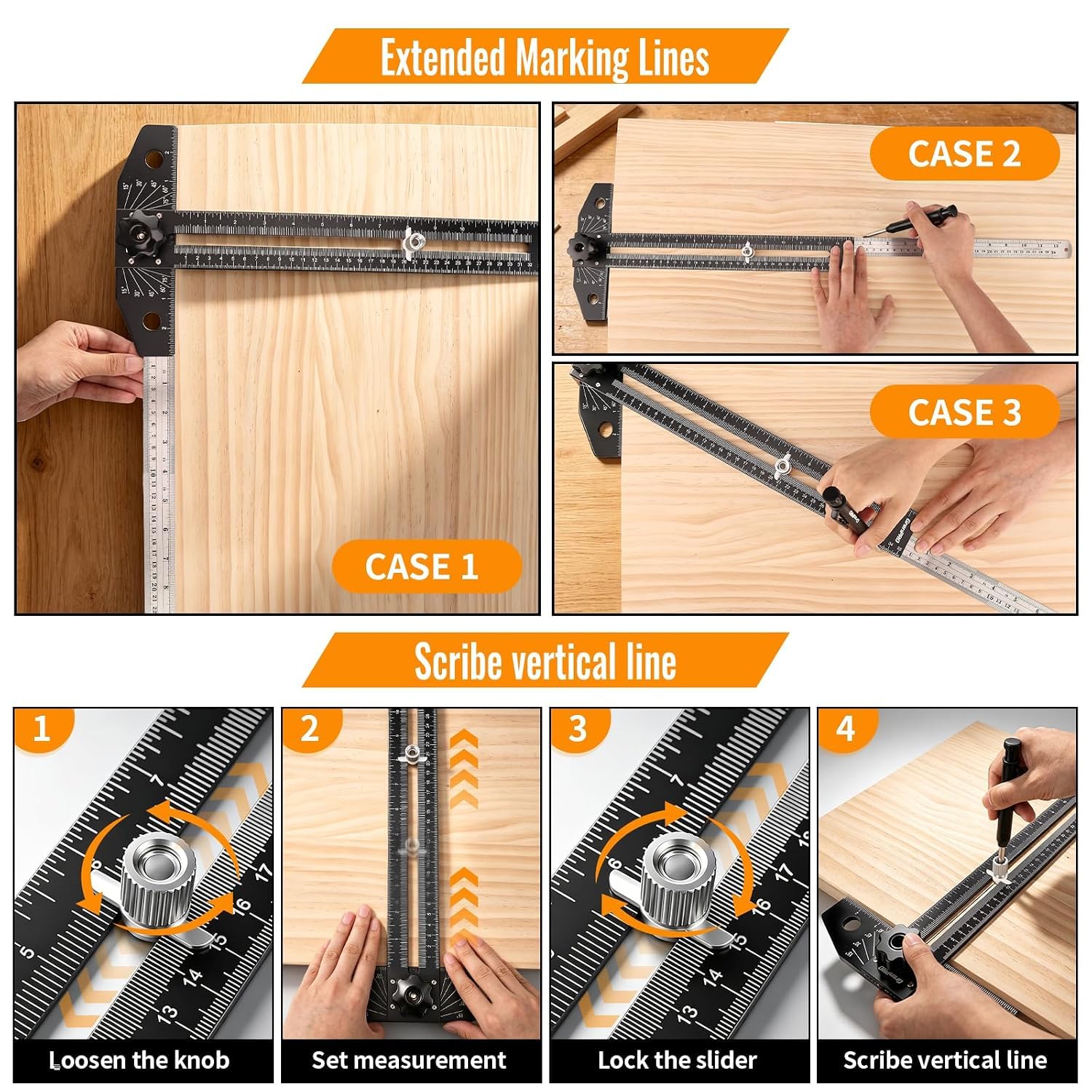 Woodworking Scriber Marking Ruler with Carpenter Pencil and Metal Scale