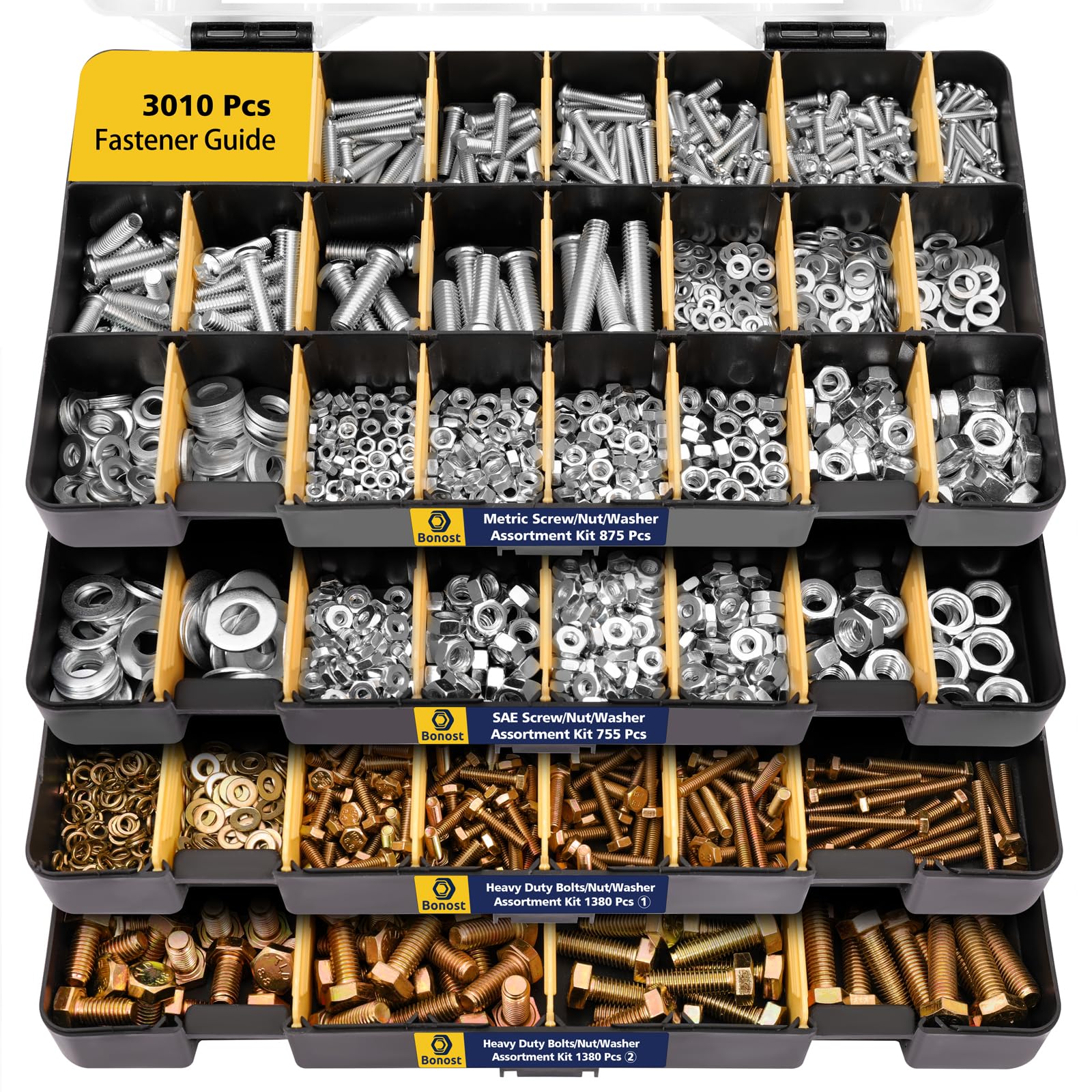 3010 Piece Grade 8.8 Metric Hex Bolt Nut and Washer Kit with 4 Trays