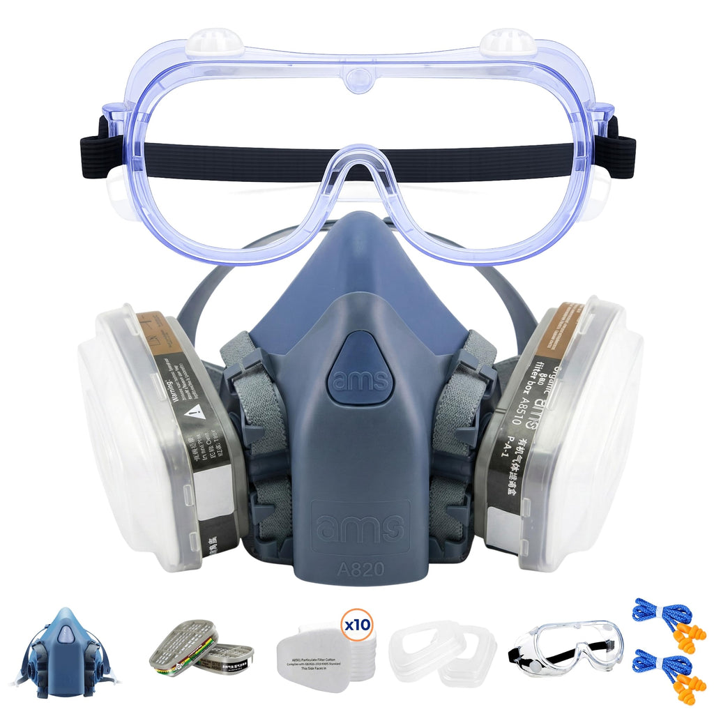 Half Face Respirator Mask Kit with Safety Glasses and Ear Plugs