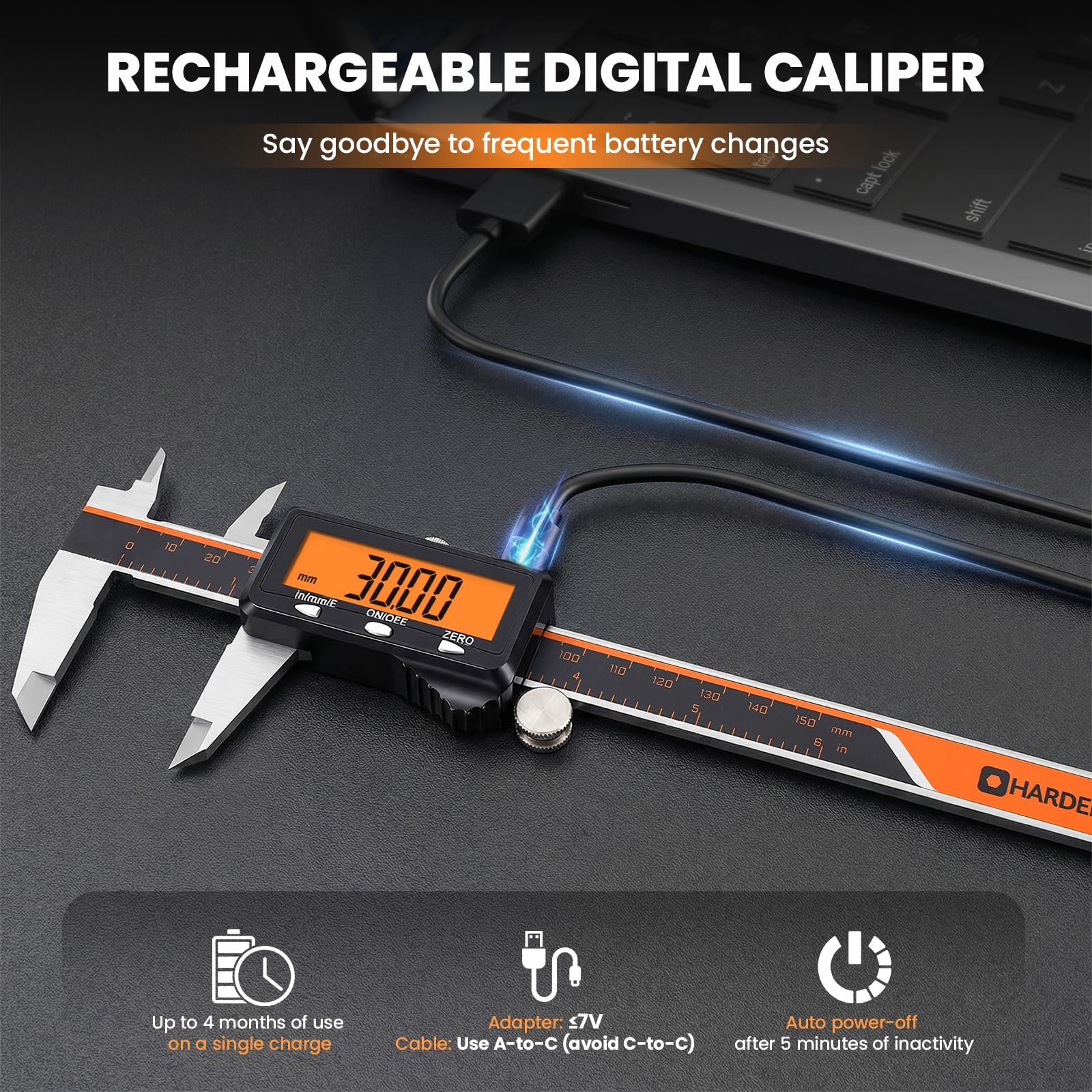 Rechargeable Digital Caliper Measuring Tool with Large Orange Display